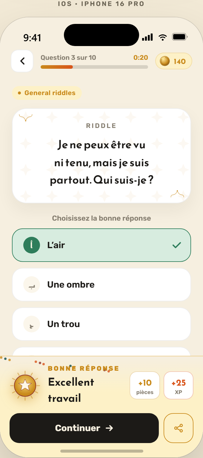 Inline correct-answer celebration with reward chips