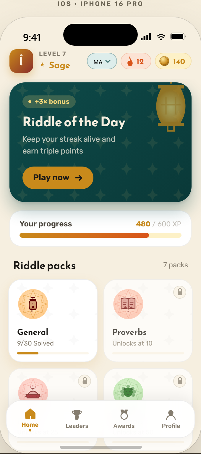 Home screen with daily riddle hero card and pack grid