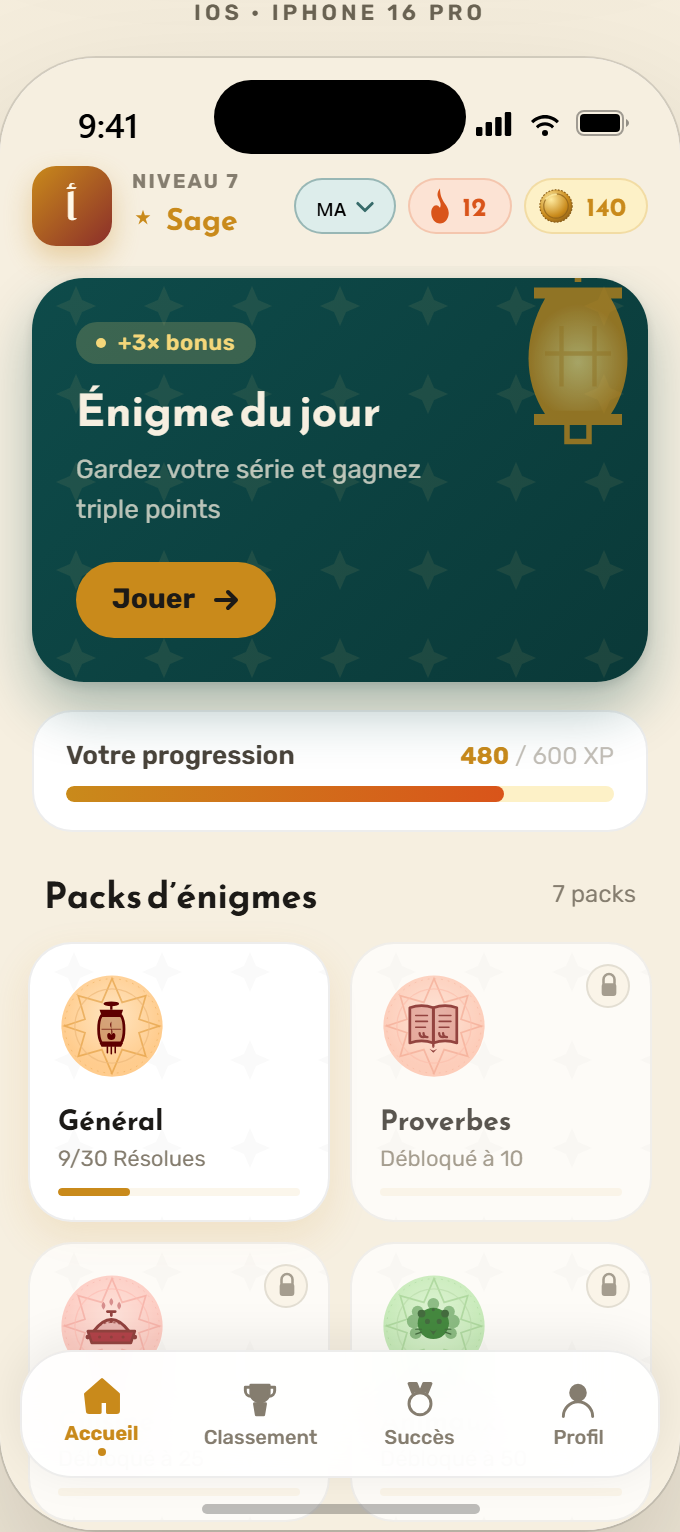 Home screen with daily riddle hero card and pack grid